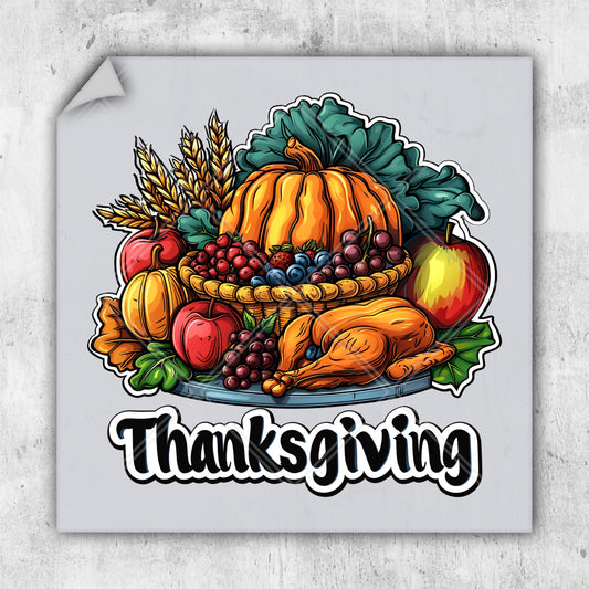 a thanksgiving sticker with a turkey and a basket of fruit