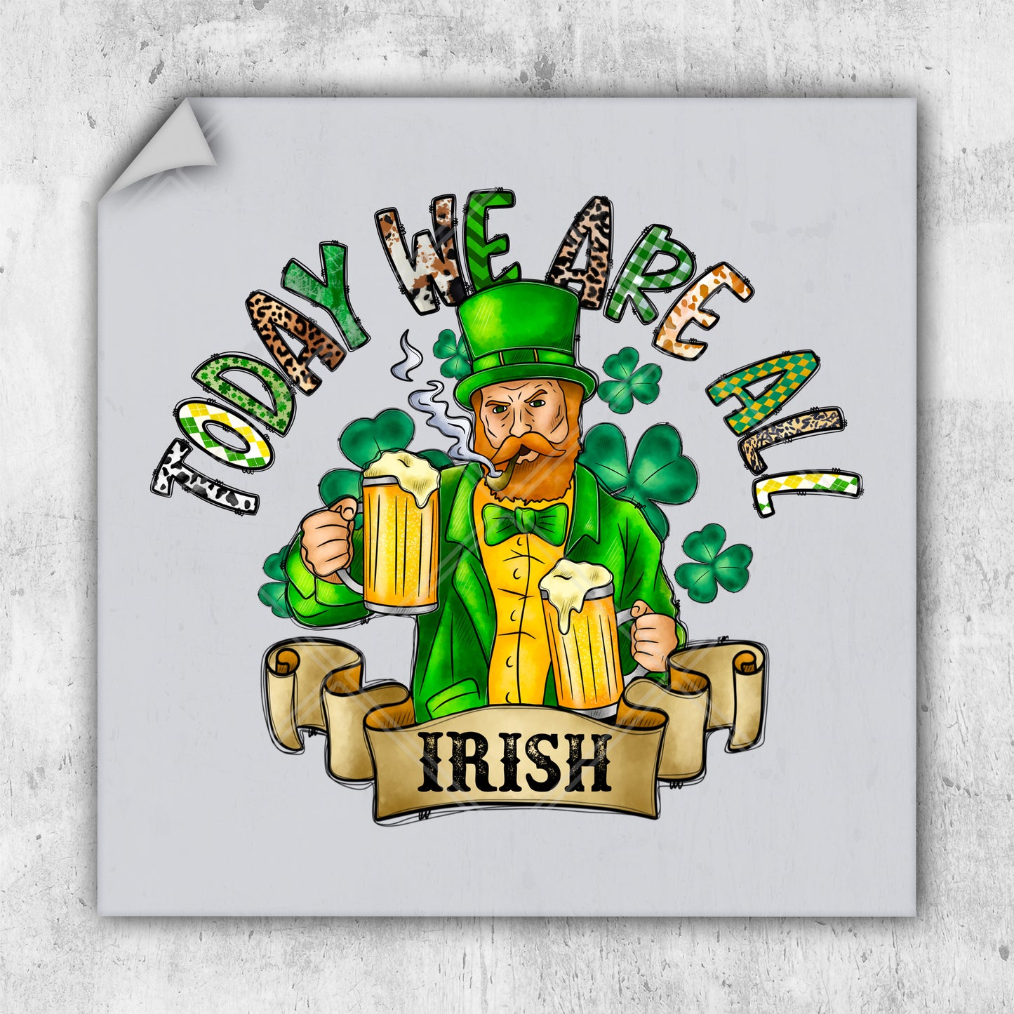 a st patrick's day sticker with a man holding two mugs of