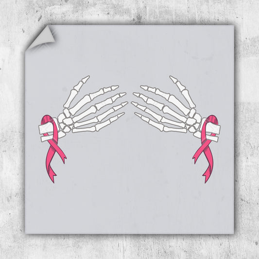 a sticker of two hands holding a pink ribbon