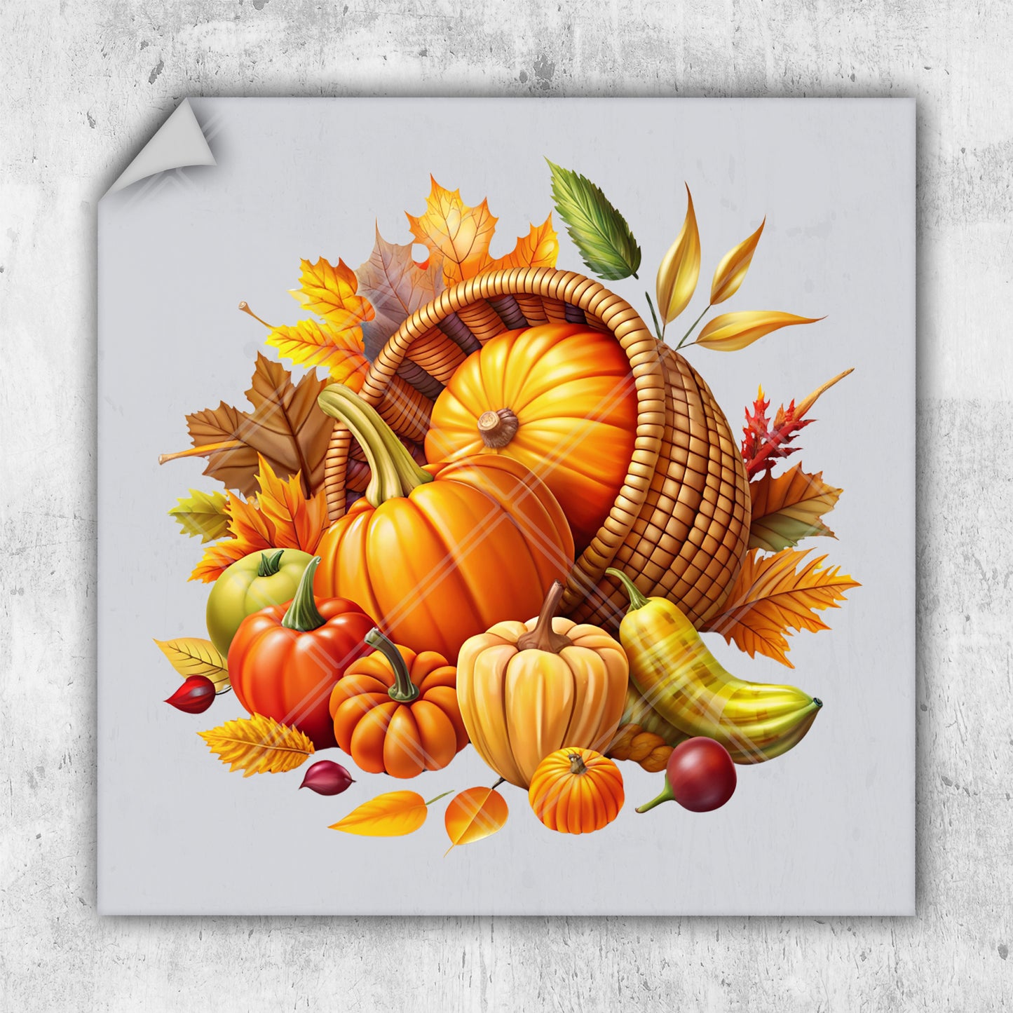 a painting of a basket filled with pumpkins and autumn leaves