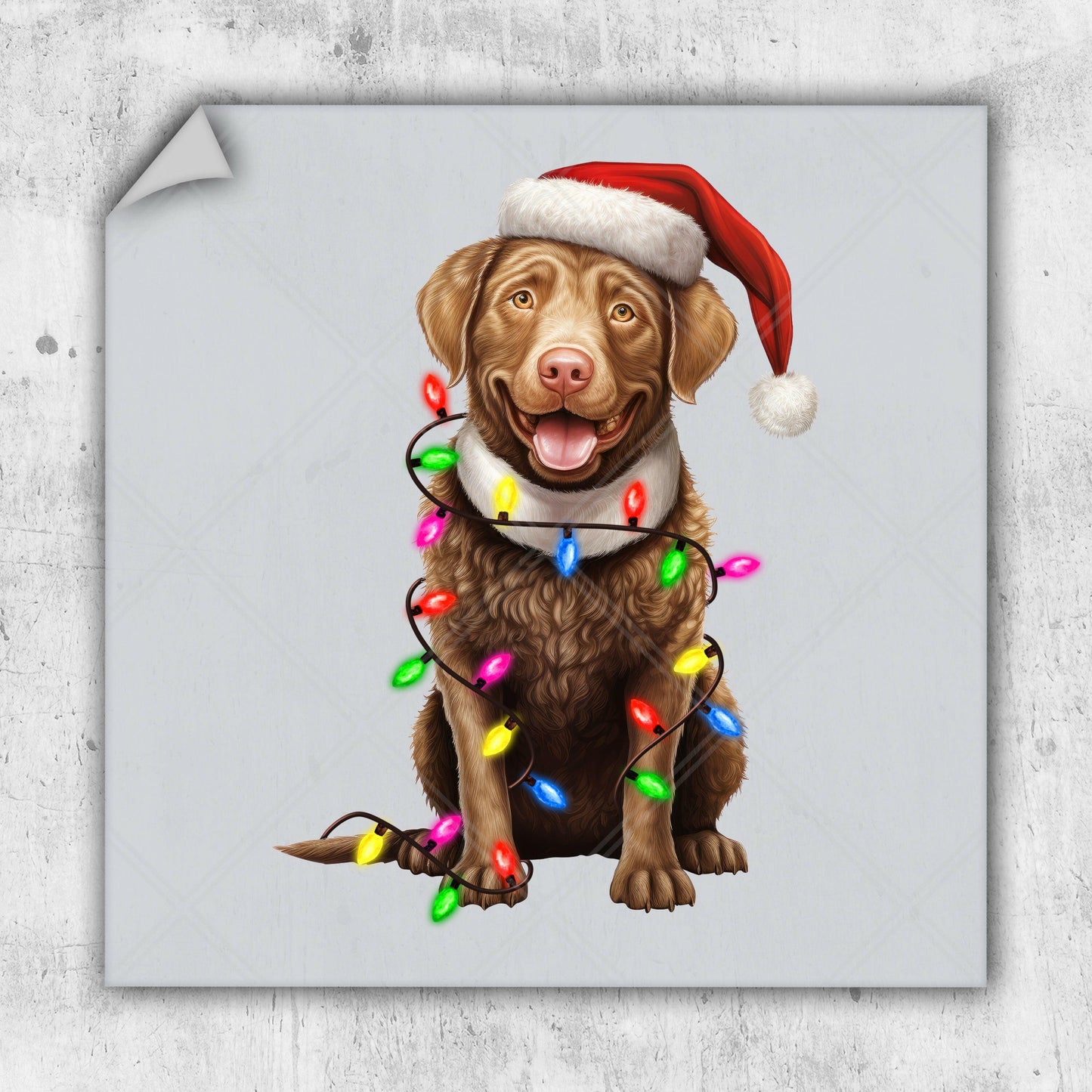 a brown dog wearing a santa hat with christmas lights