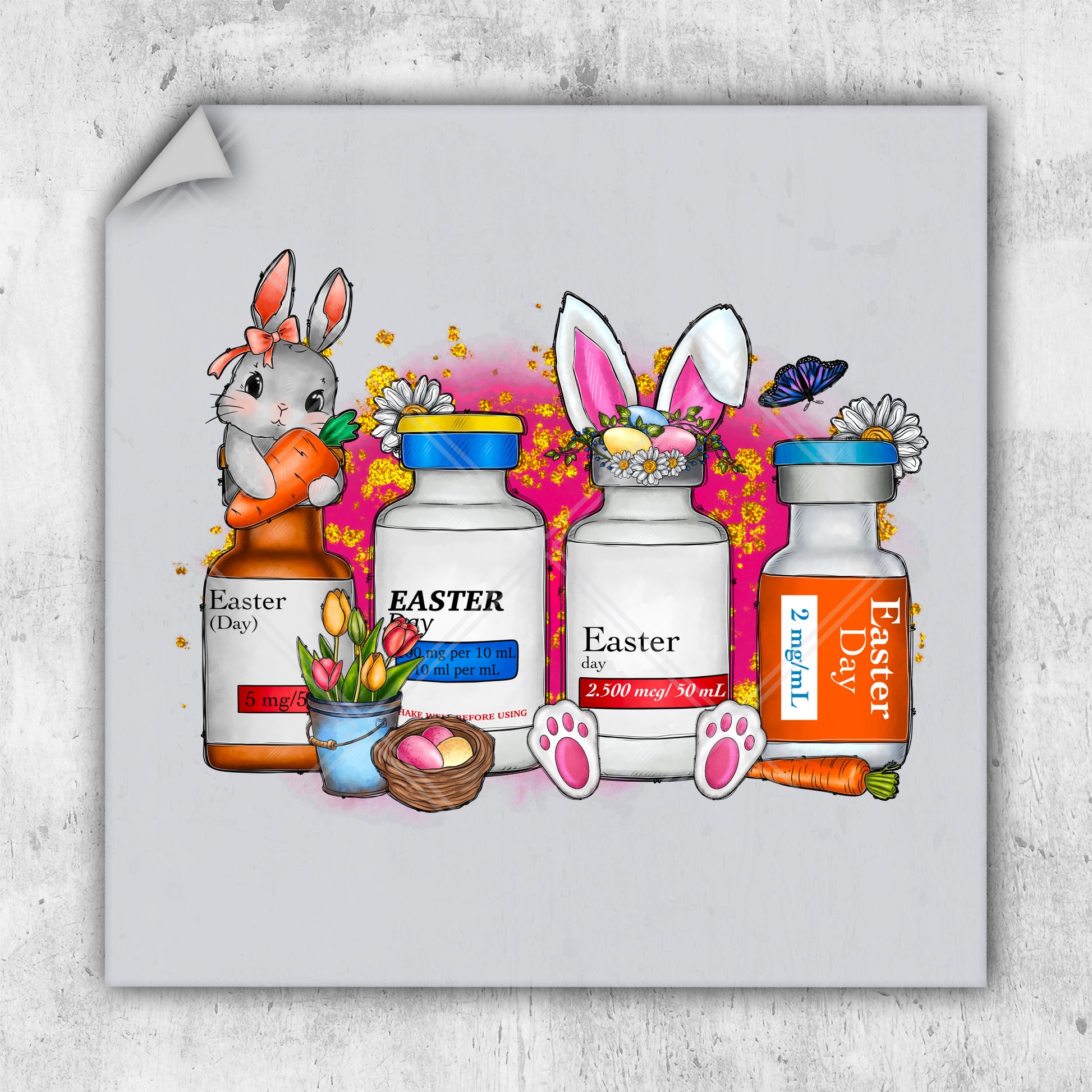 a painting of a bunny rabbit surrounded by pills