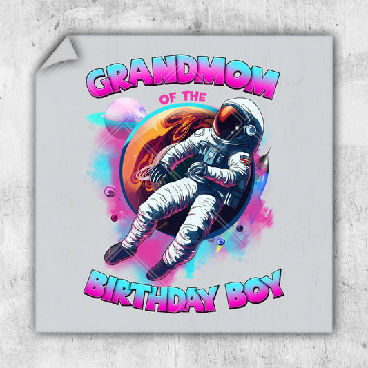 a picture of an astronaut floating in space with the words grandma of the birthday boy