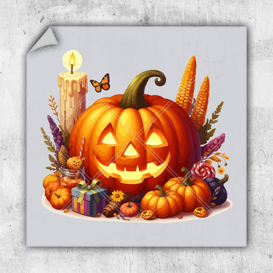 a picture of a pumpkin surrounded by autumn decorations