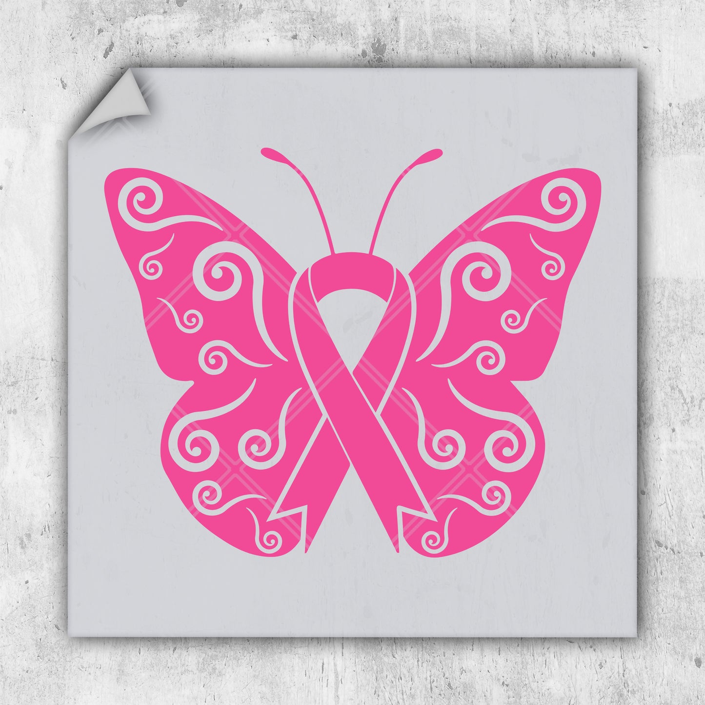 a pink butterfly with a pink ribbon on it