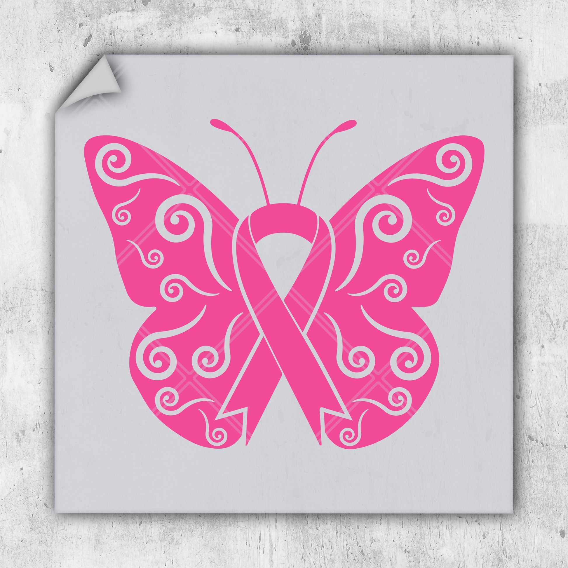 a pink butterfly with a pink ribbon on it