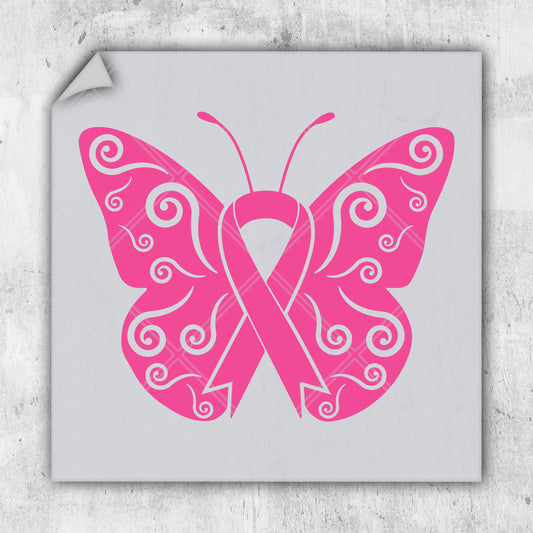 a pink butterfly with a pink ribbon on it