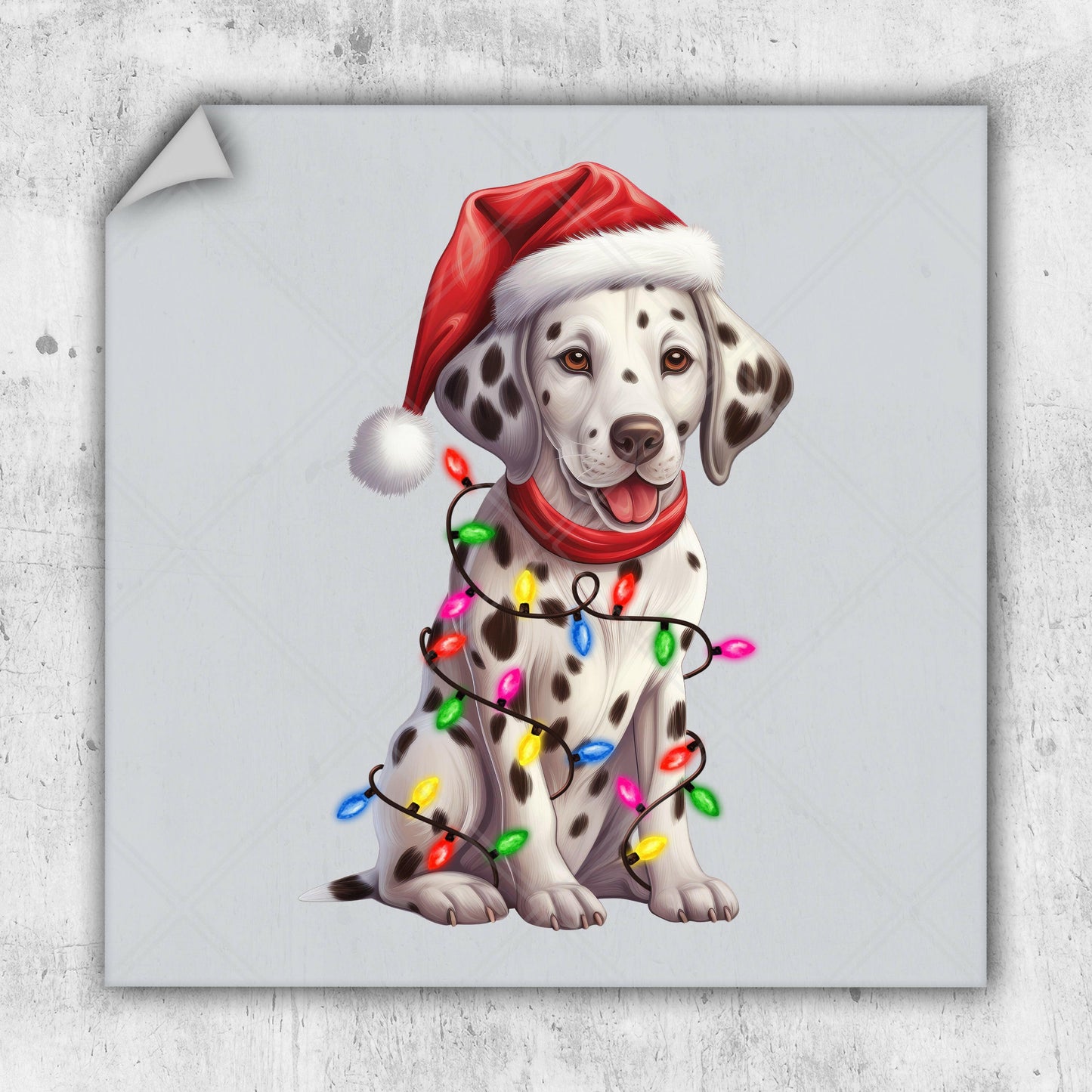 a dalmatian dog wearing a santa hat with christmas lights