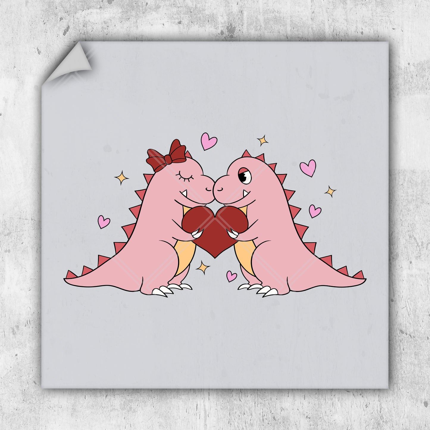 a couple of pink dinosaurs holding a heart