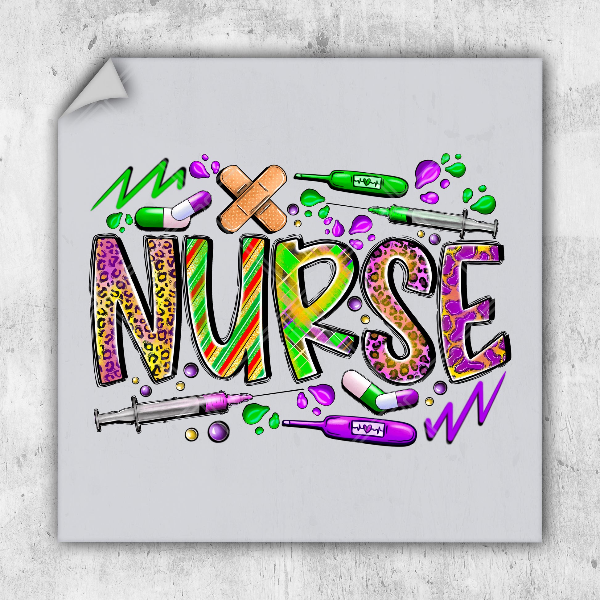 a drawing of the word nurse surrounded by medical supplies