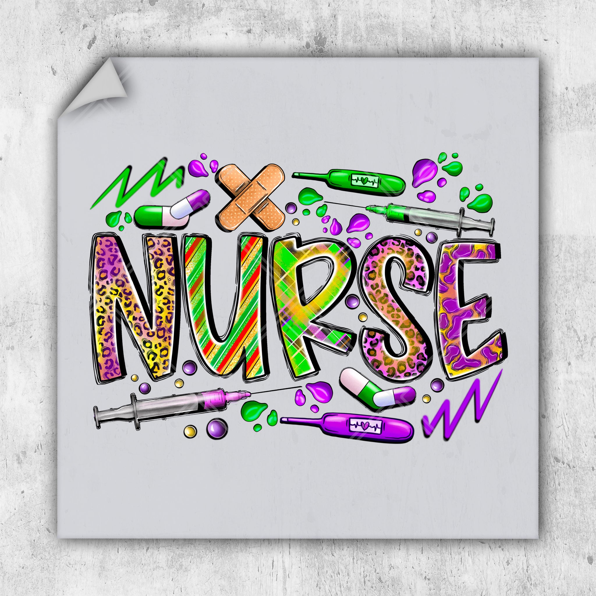 a drawing of the word nurse surrounded by medical supplies