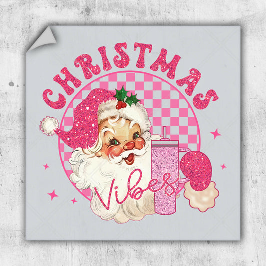 a santa clause with a pink checkerboard background