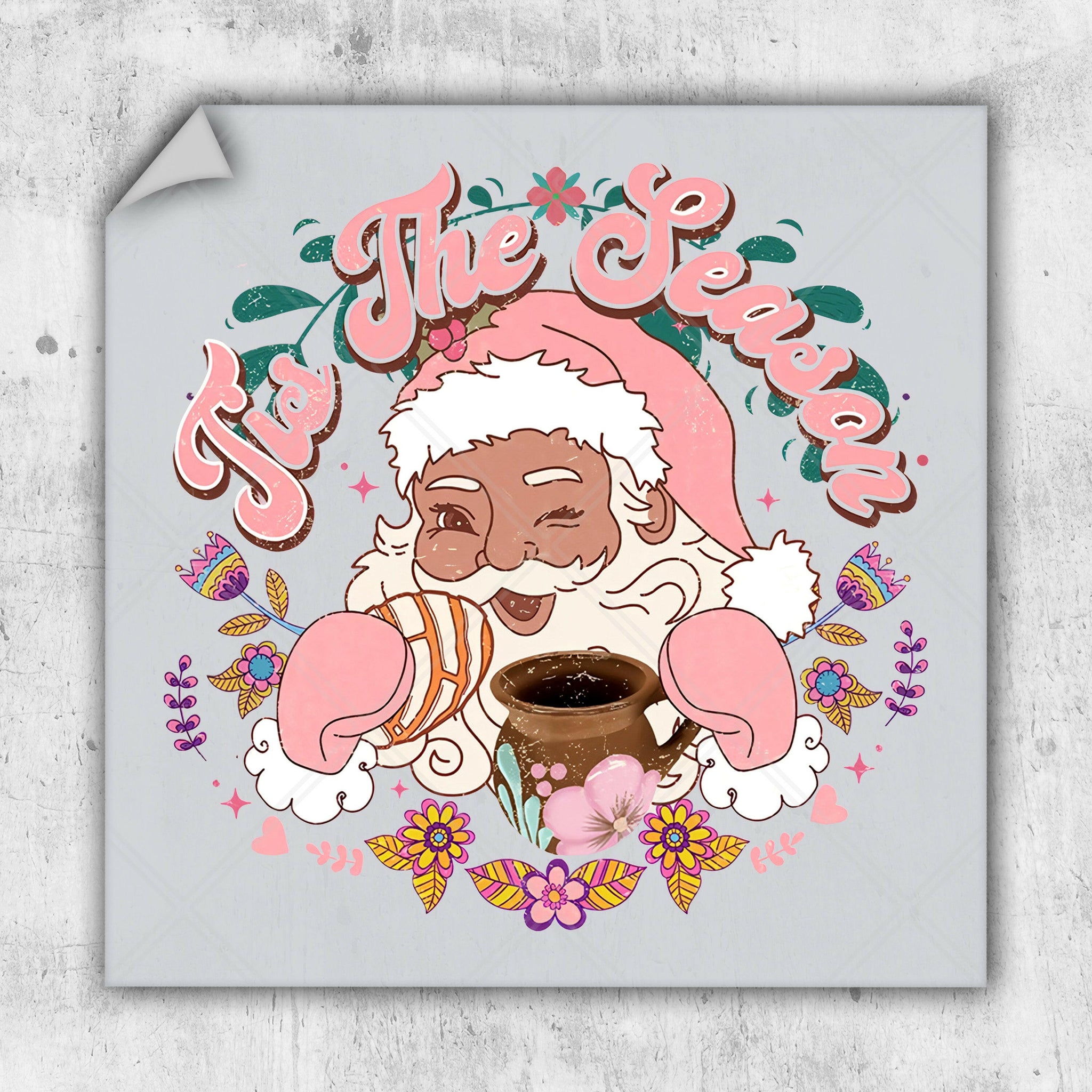 a picture of a santa clause holding a cup of coffee