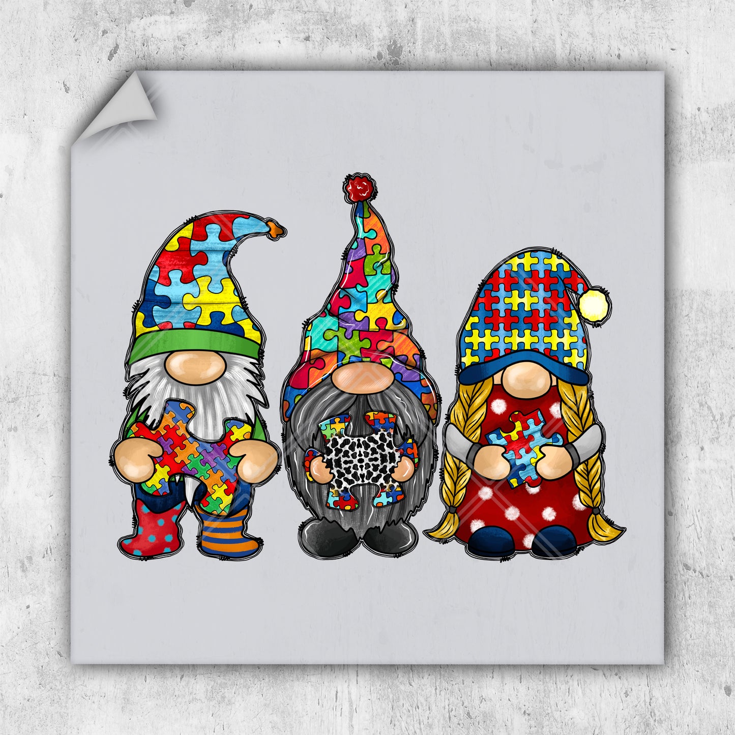 a group of three gnomes sitting next to each other