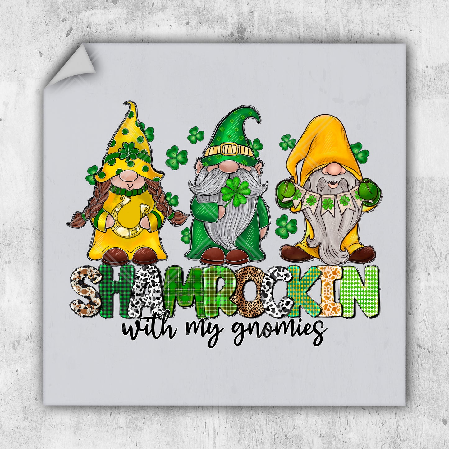 a st patrick's day card with three gnomes