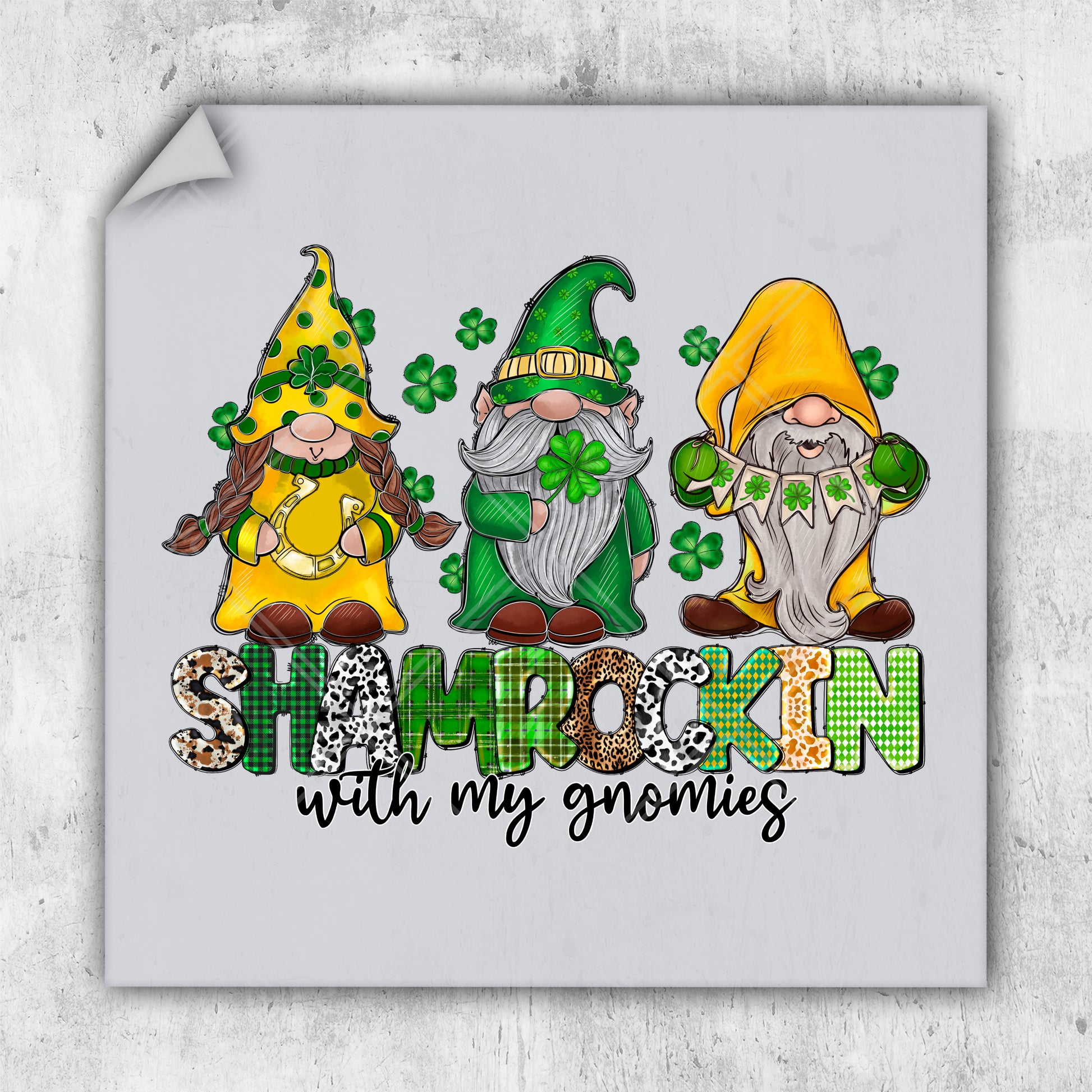 a st patrick's day card with three gnomes