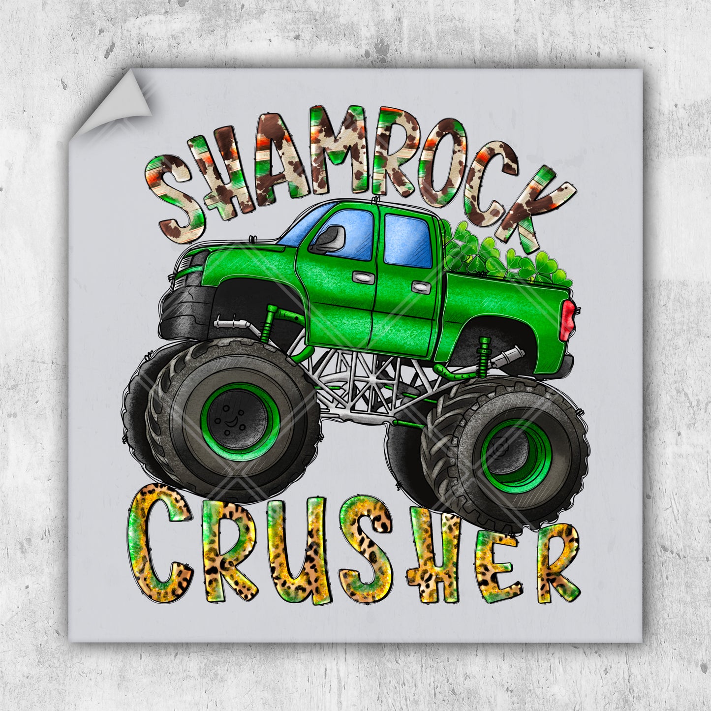 a green monster truck with the words shamrock crusher on it