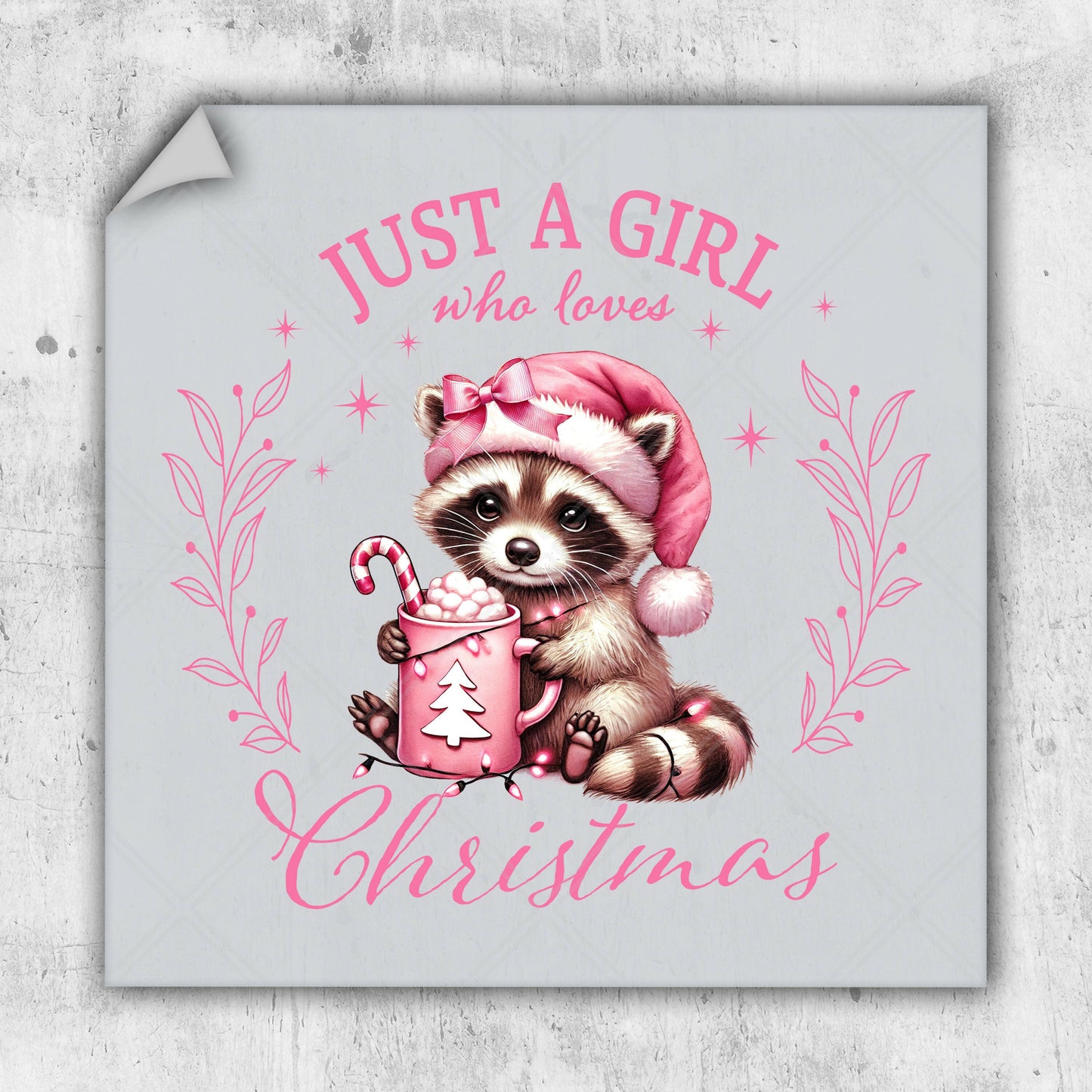 a raccoon wearing a santa hat and holding a mug