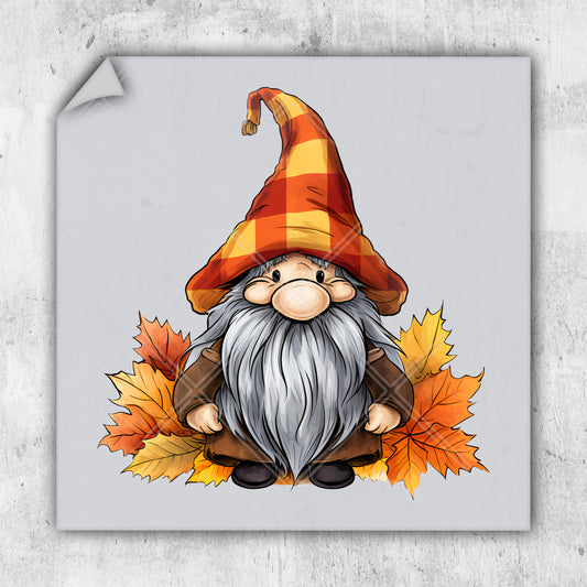 a picture of a gnome sitting on a pile of leaves