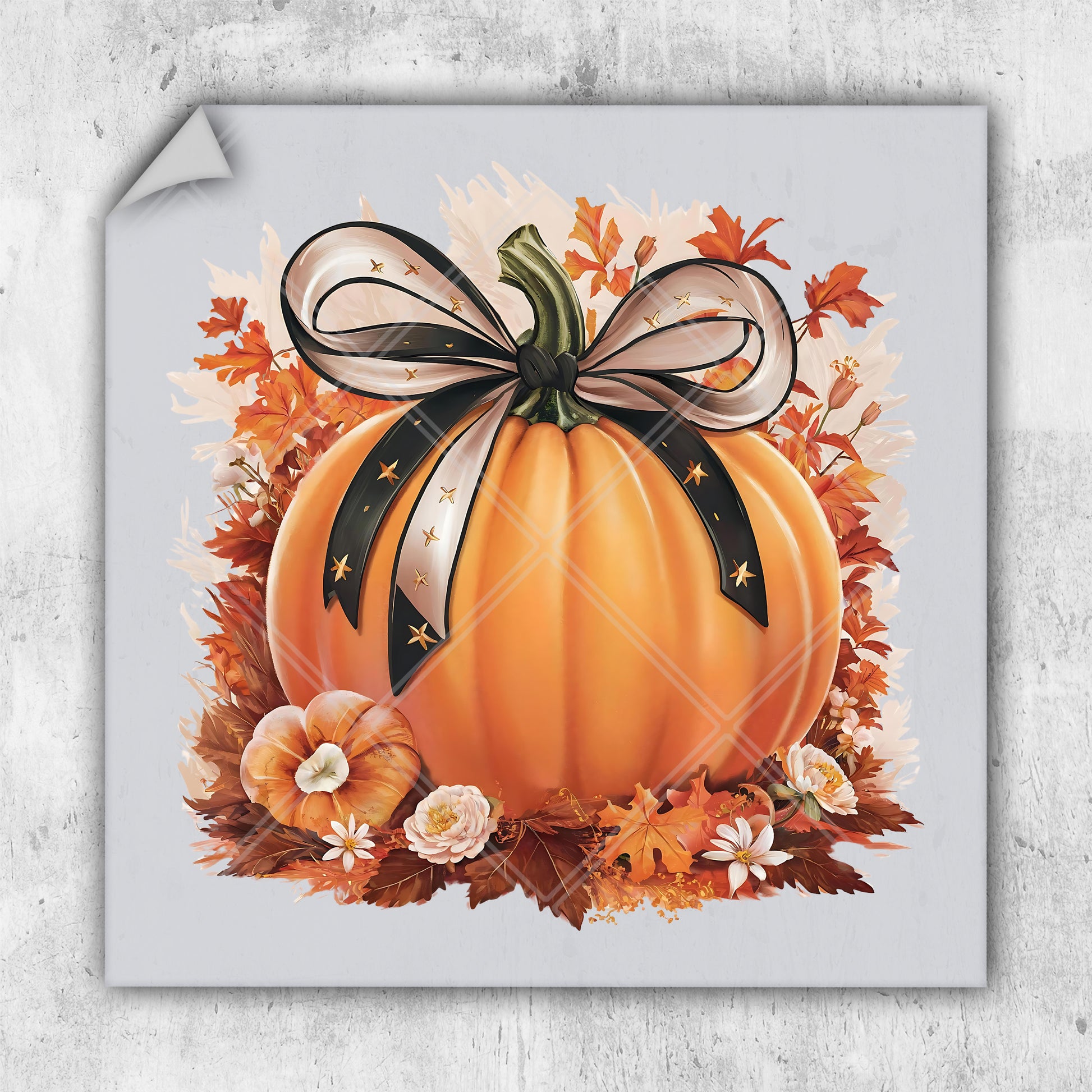 a painting of a pumpkin with a bow on it