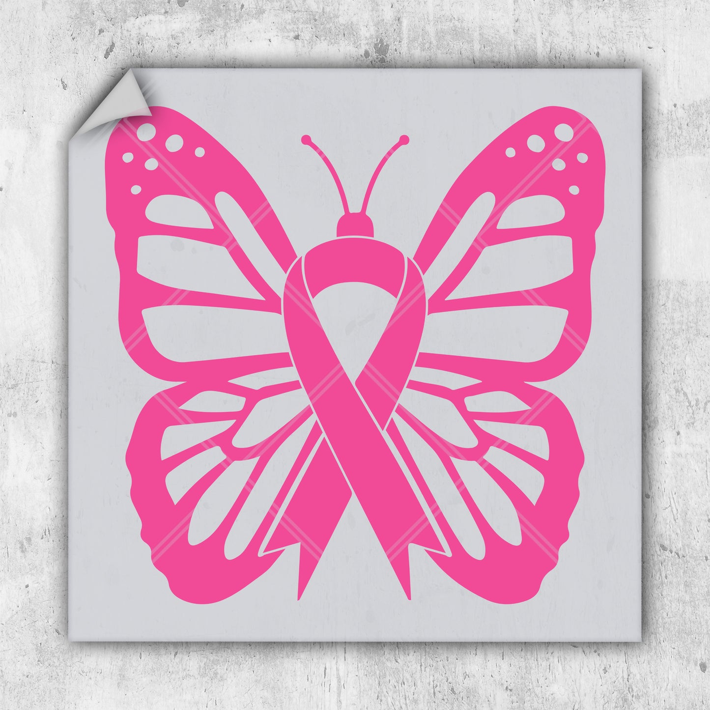 a pink butterfly with a pink ribbon on it