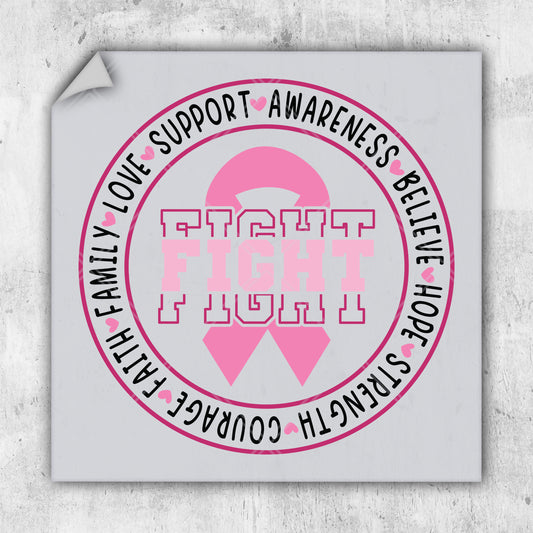 a sticker with a pink ribbon on it