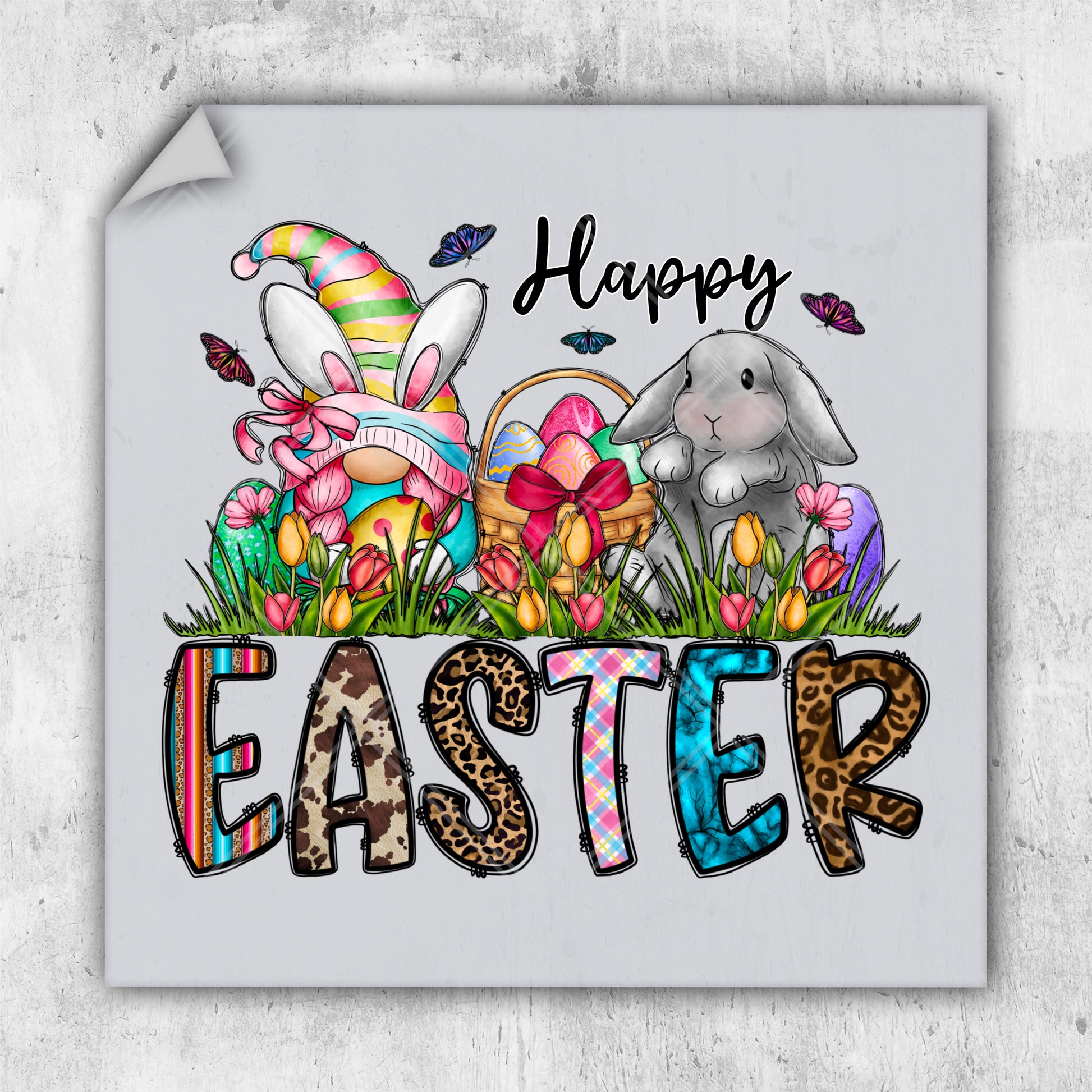 a happy easter card with an elephant and a basket of eggs