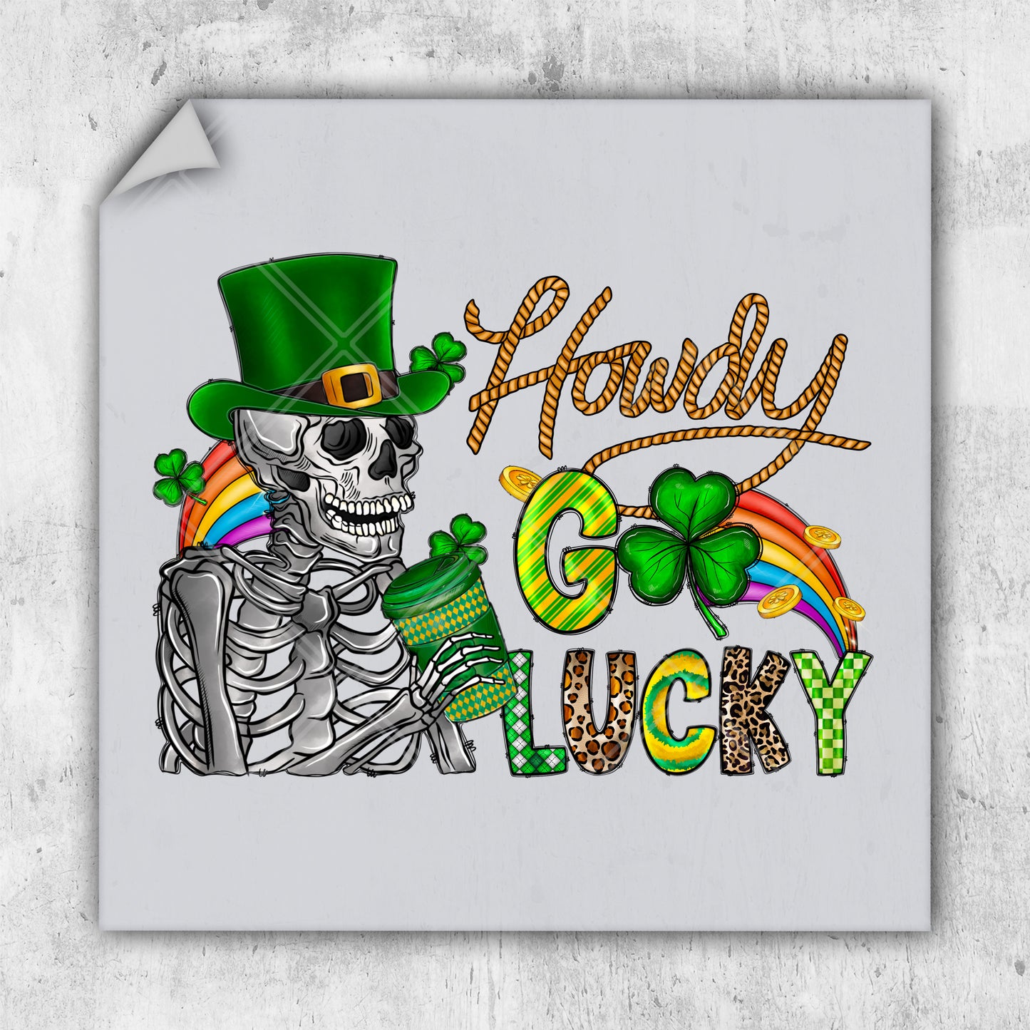a picture of a skeleton wearing a green hat and holding a shamrock