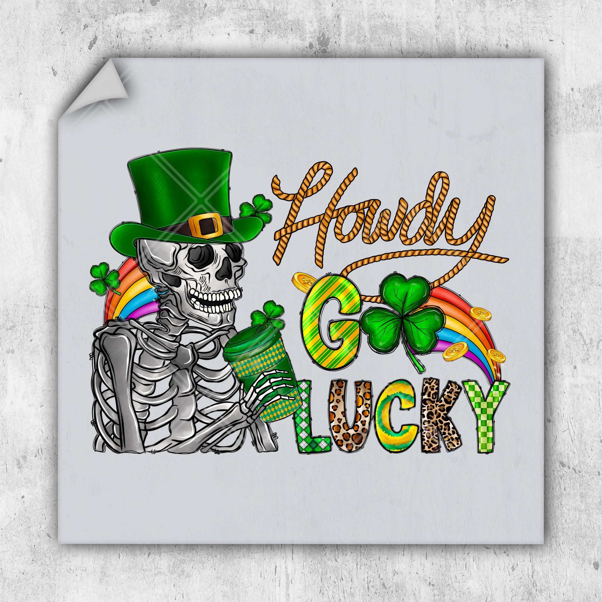 a picture of a skeleton wearing a green hat and holding a shamrock