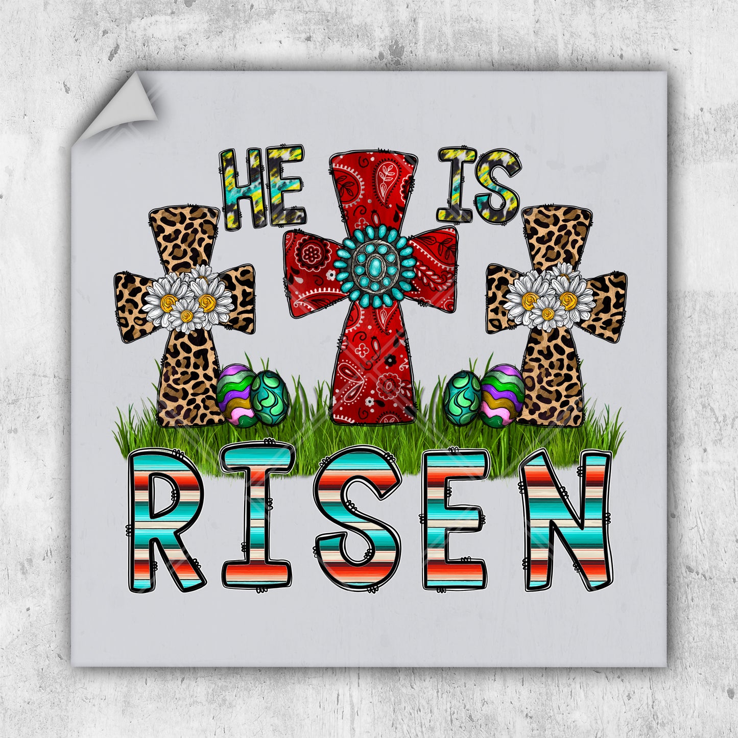 a picture of a cross with the words he is risen