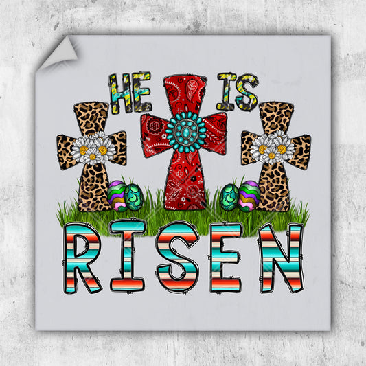 a picture of a cross with the words he is risen