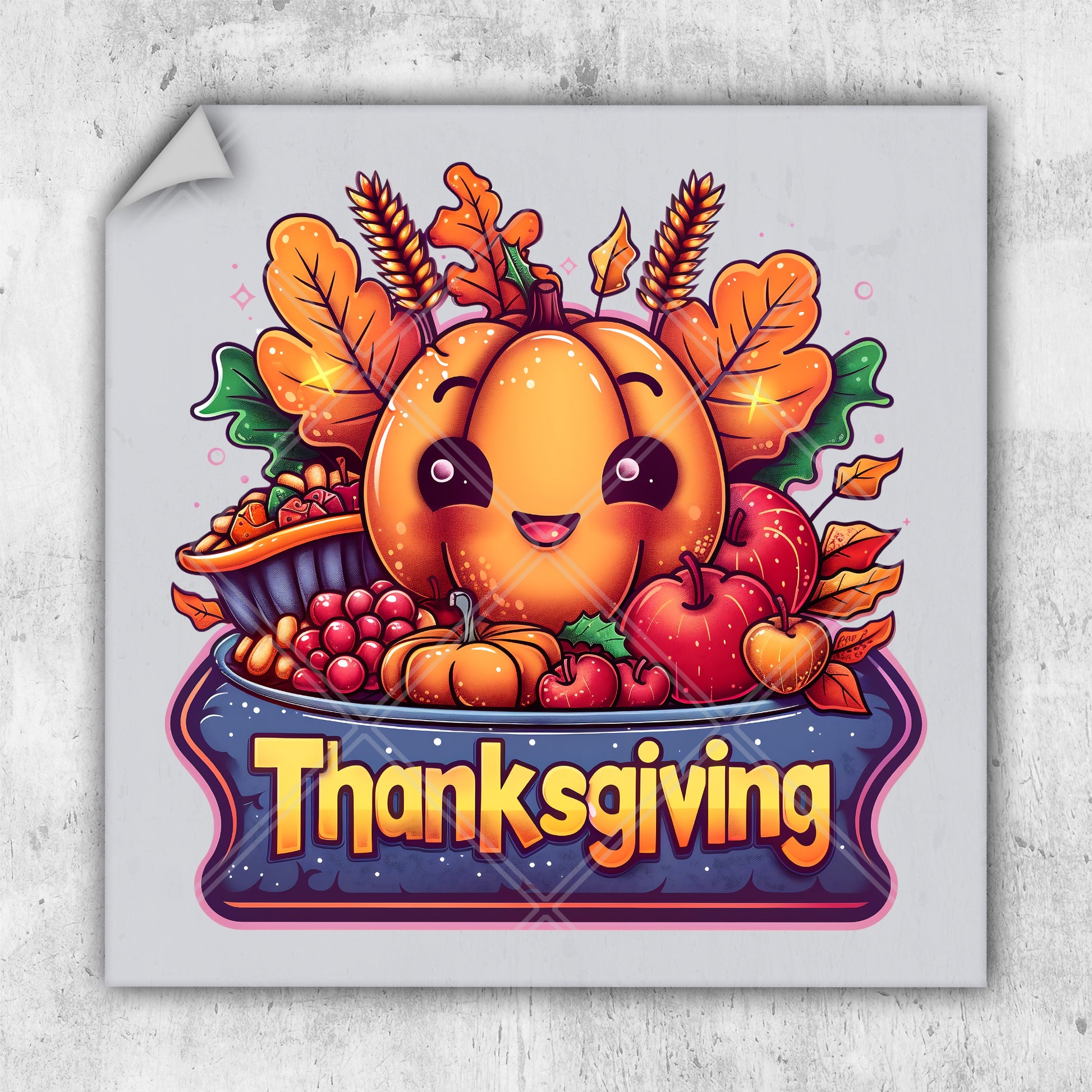 a thanksgiving sticker with a pumpkin and leaves