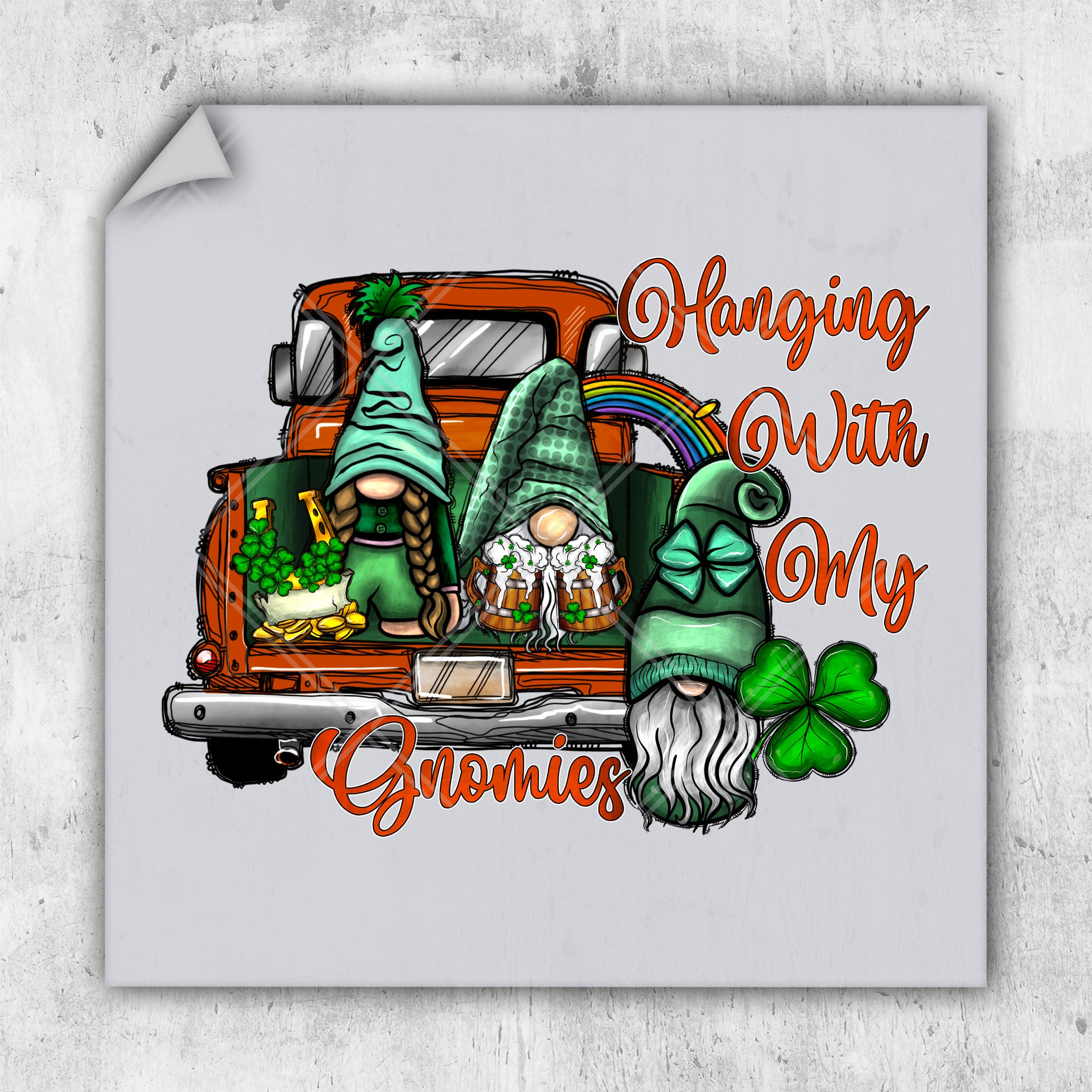a picture of a truck with gnomes on it