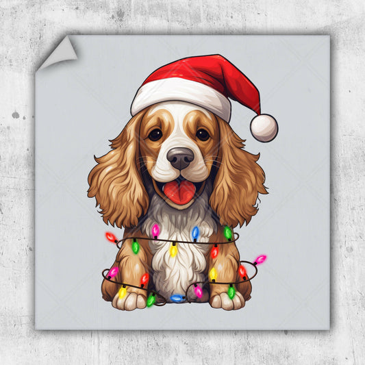 a brown and white dog wearing a santa hat