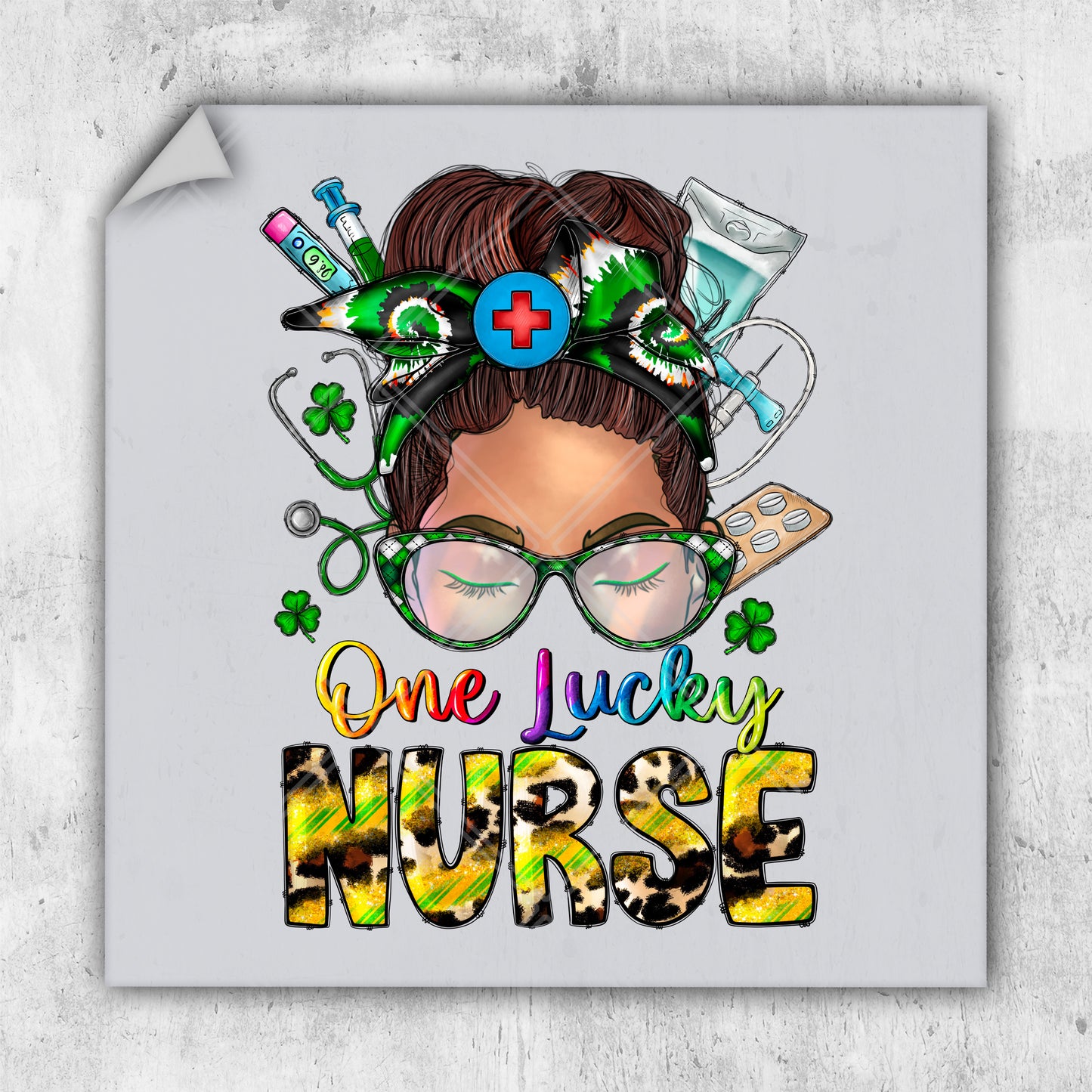 a square sticker with a woman's face wearing glasses