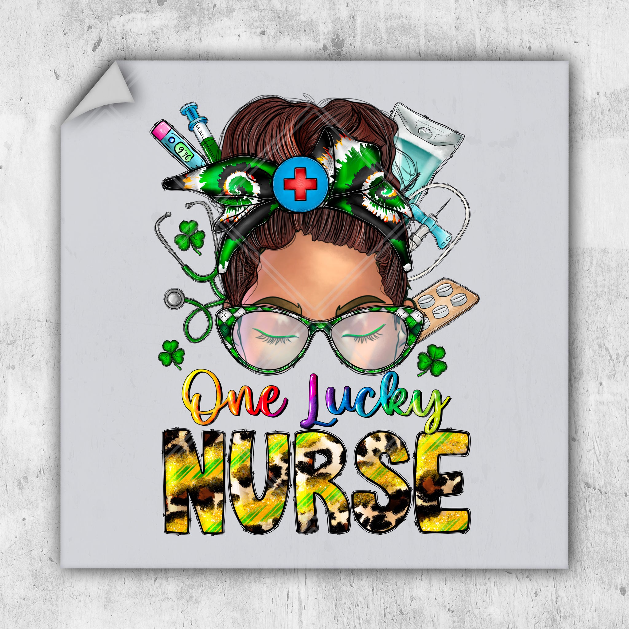 a square sticker with a woman's face wearing glasses