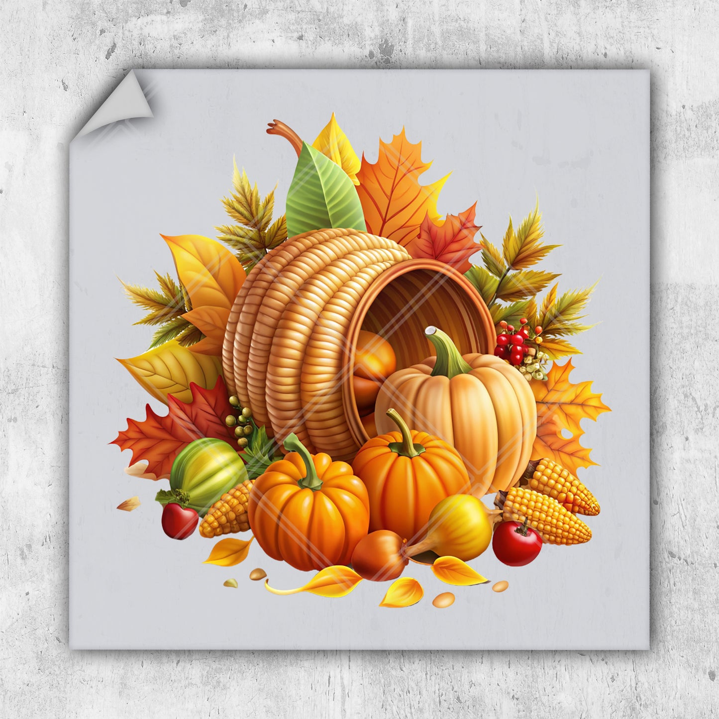 a picture of a basket of pumpkins surrounded by autumn leaves