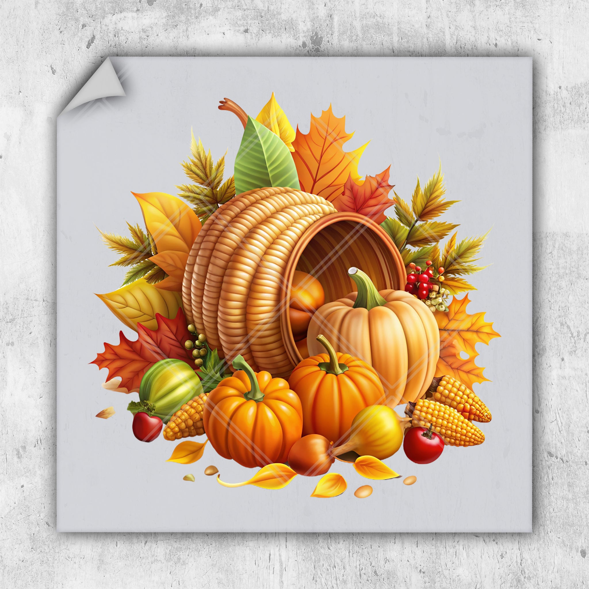 a picture of a basket of pumpkins surrounded by autumn leaves