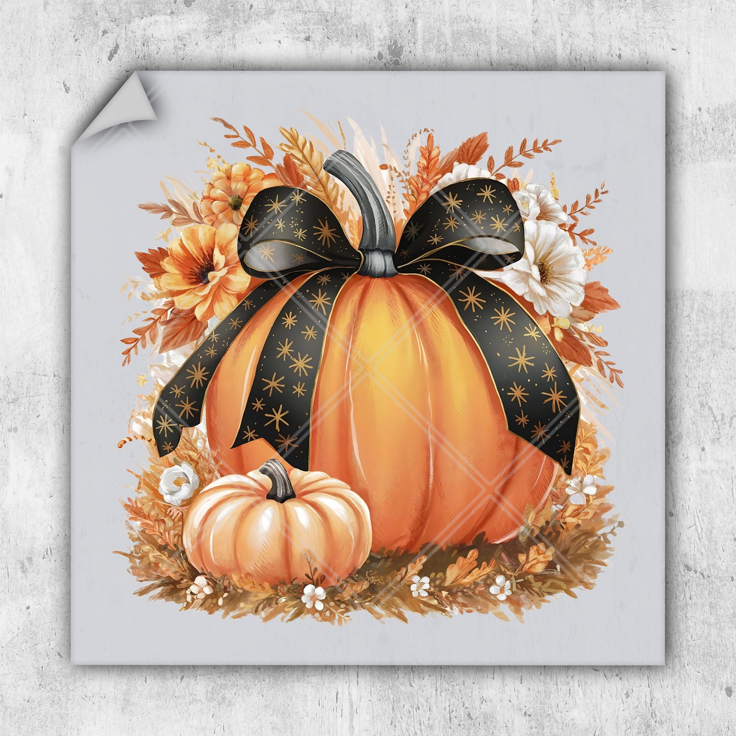 a painting of a pumpkin with a black bow