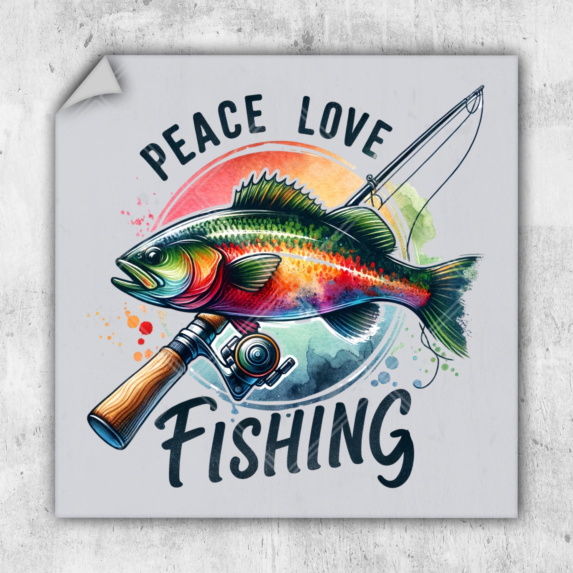 a sticker with a fish and a fishing rod