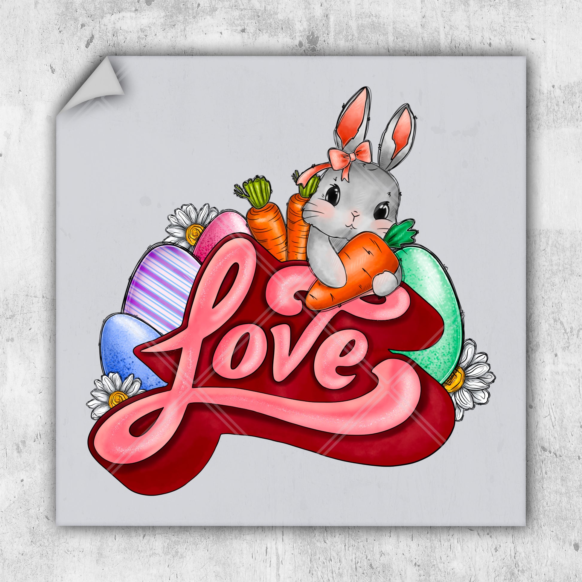 a drawing of a bunny holding a carrot in a heart with the word love