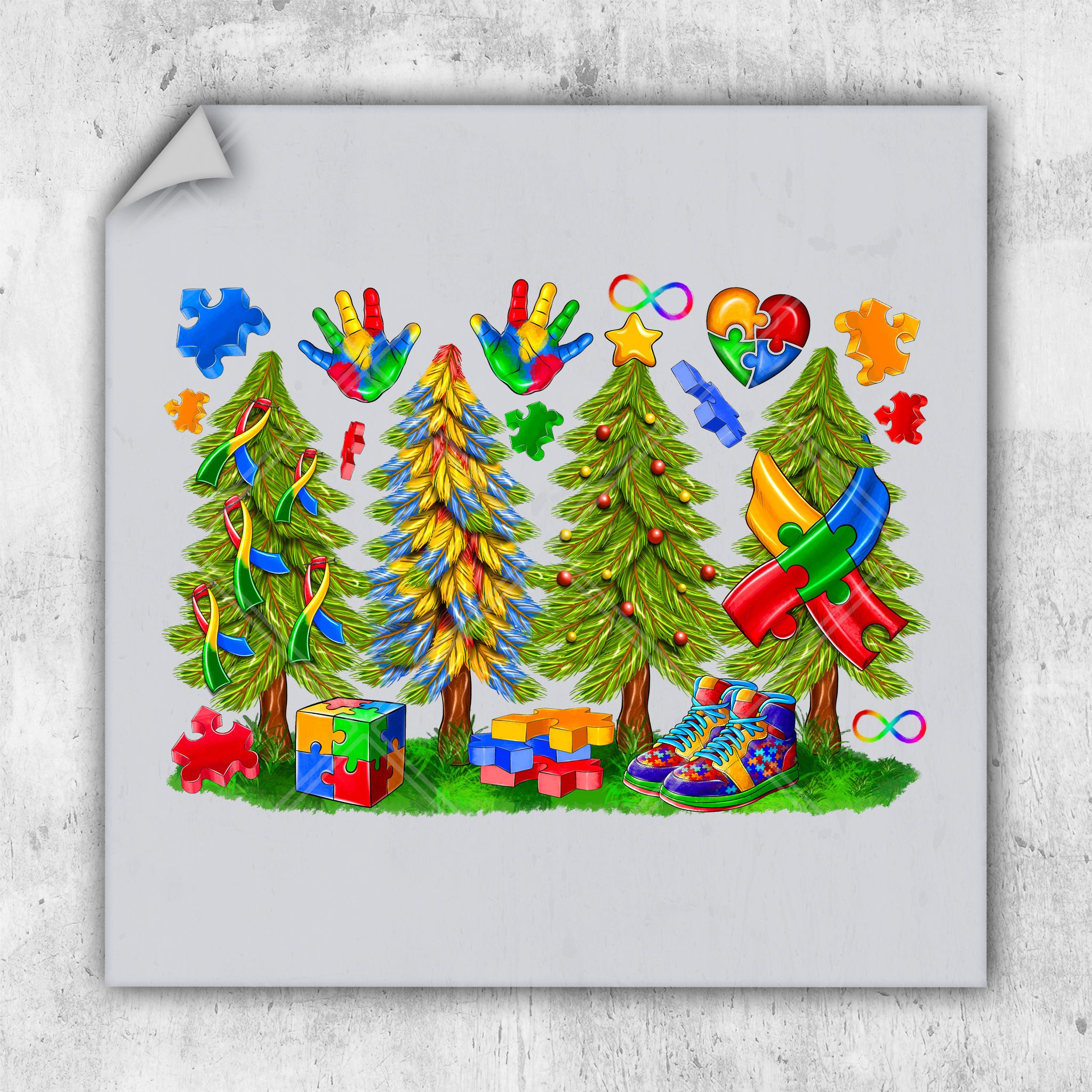a drawing of a group of trees with presents on them