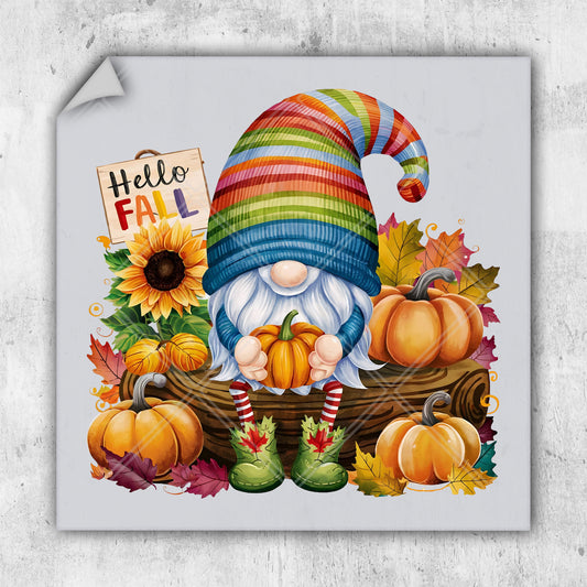 a painting of a gnome sitting on a log surrounded by autumn leaves