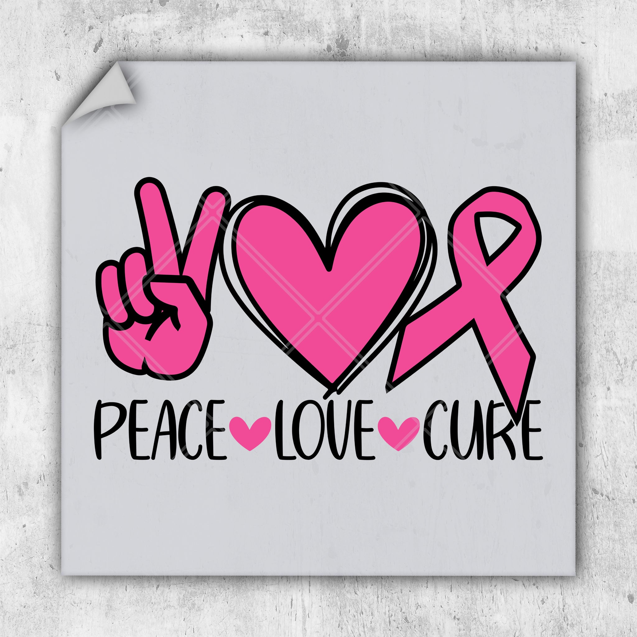 a sticker with a pink ribbon and a peace love heart