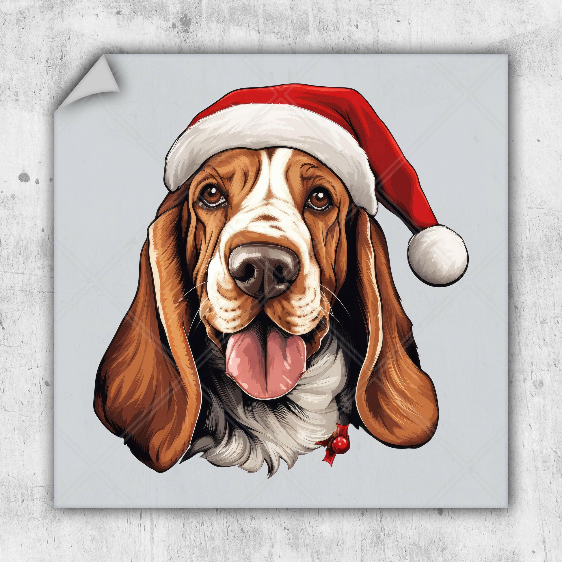 a brown and white dog wearing a santa hat