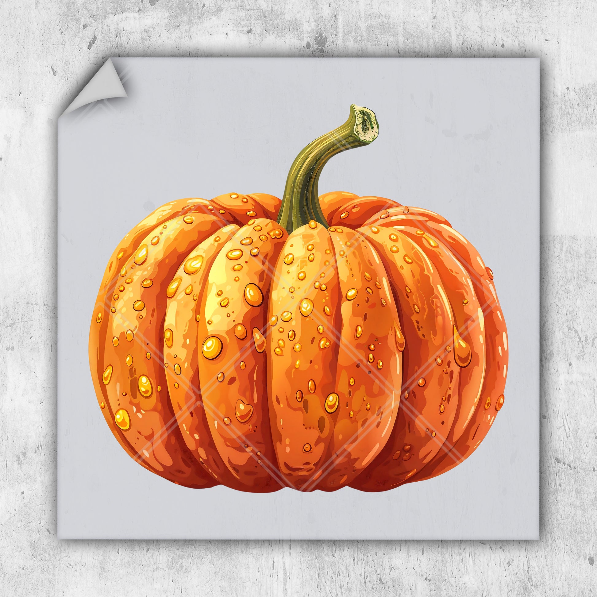 a painting of a pumpkin with water drops on it