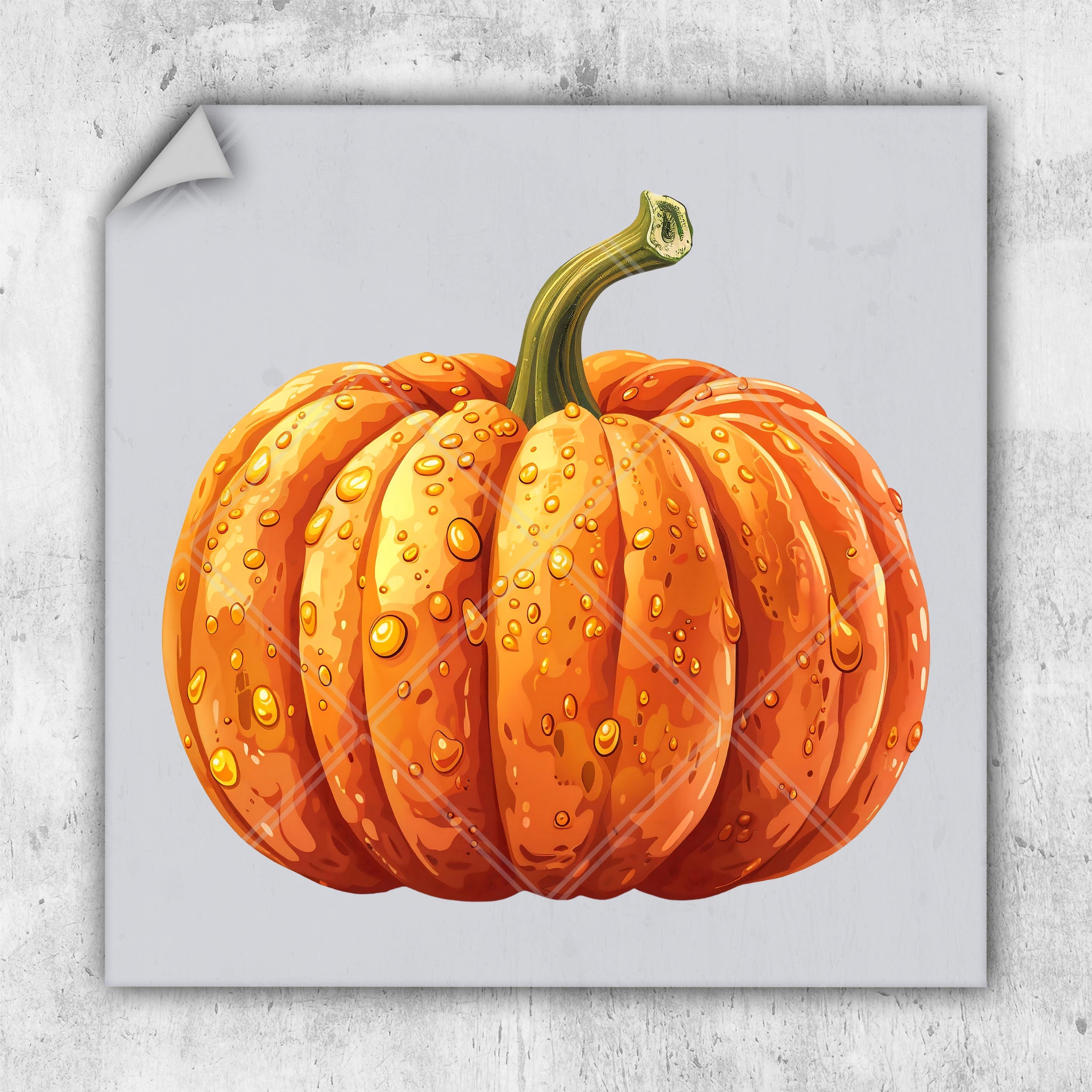 a painting of a pumpkin with water drops on it