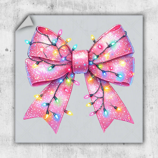 Pink Bow with Christmas Light - DTF Transfer - Ready To Press - Christmas DTF Transfers.