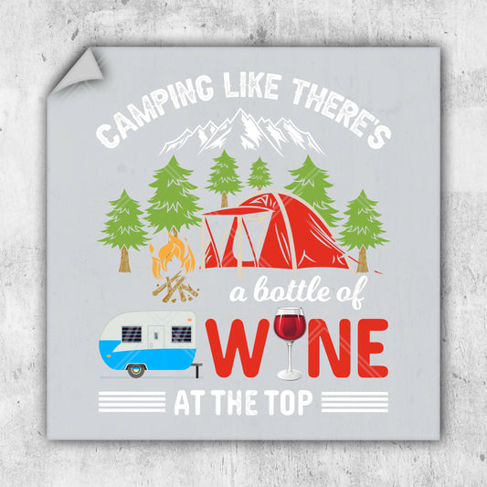 a sign that says camping like there's a bottle of wine at the top