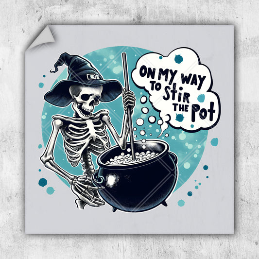 a sticker with a skeleton in a witches hat stirring a pot of cauld